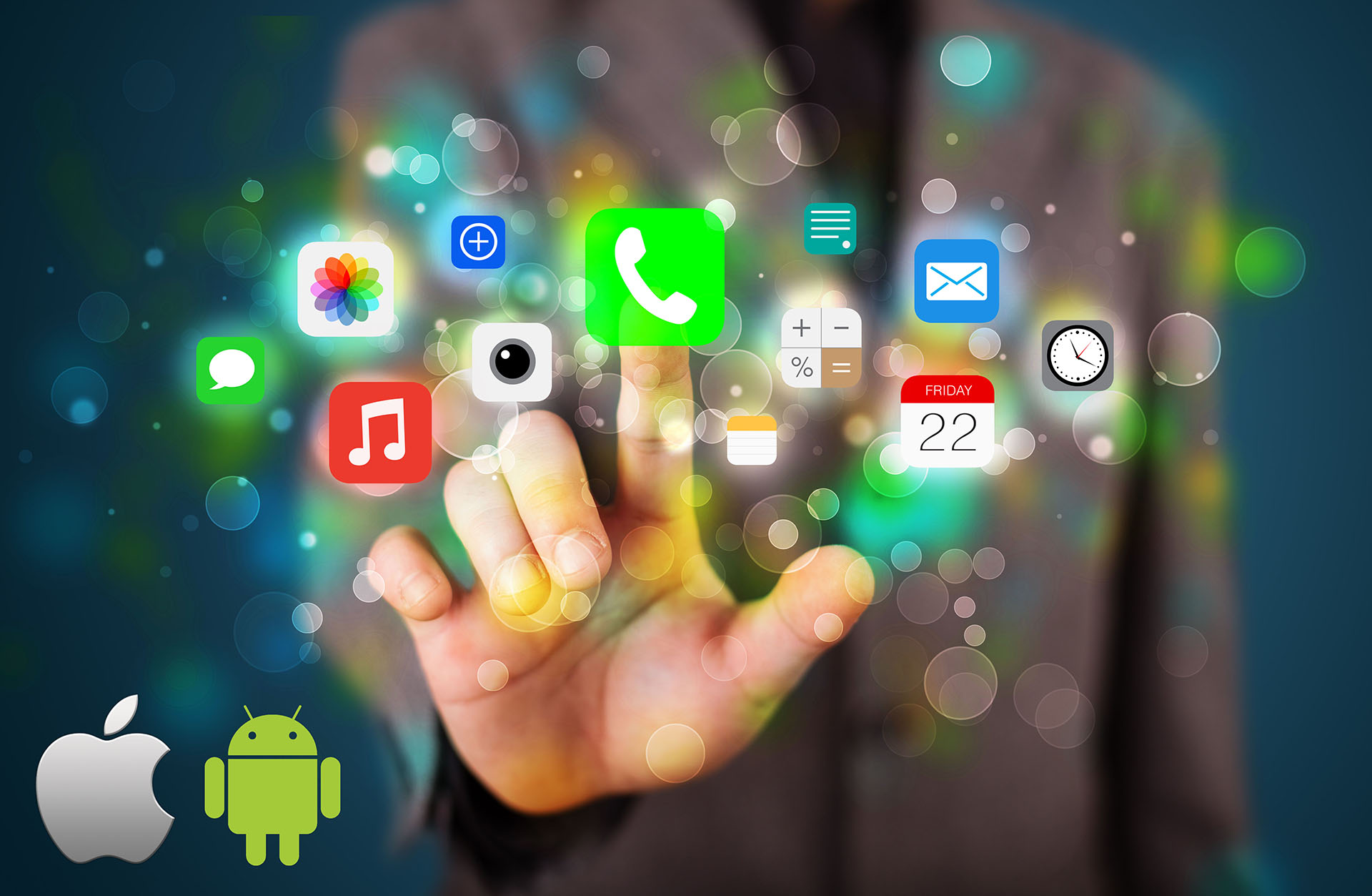 Businessman pressing colorful mobile app icons with bokeh background